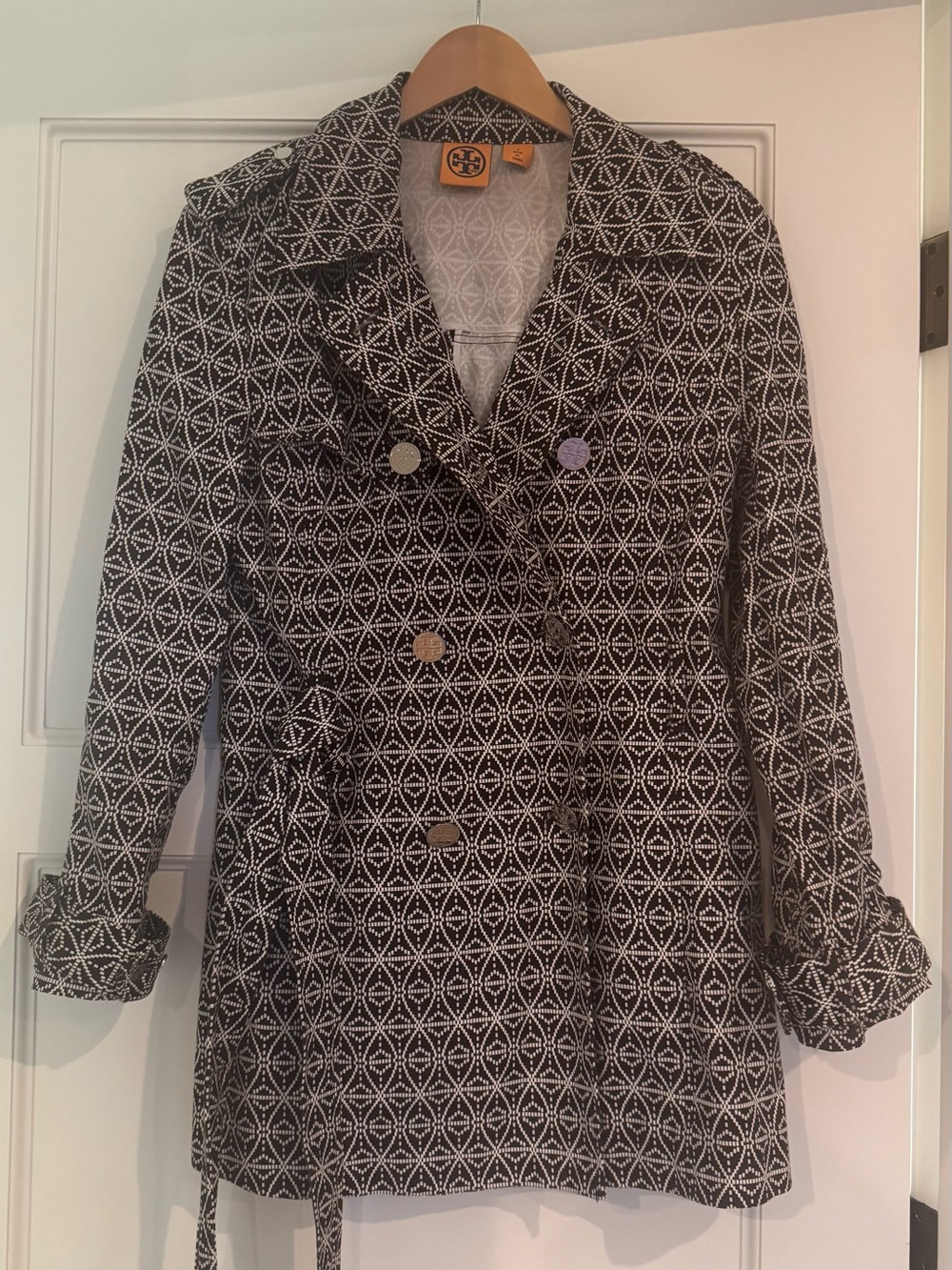 Tory Burch Brown and White Geometric Trench Coat